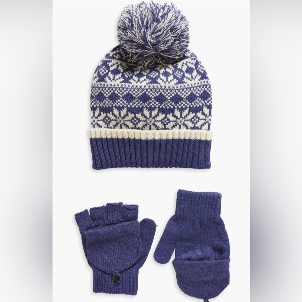Nordstrom Kids Fair Isle Pom Beanie and Mittens Set in Blue and White